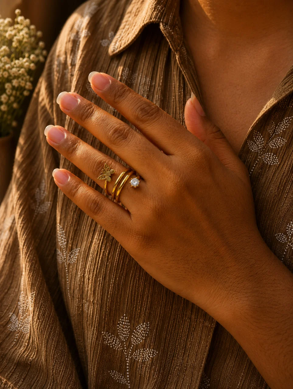 Anti-Tarnish Twin Band Butterfly and Solitaire Ring