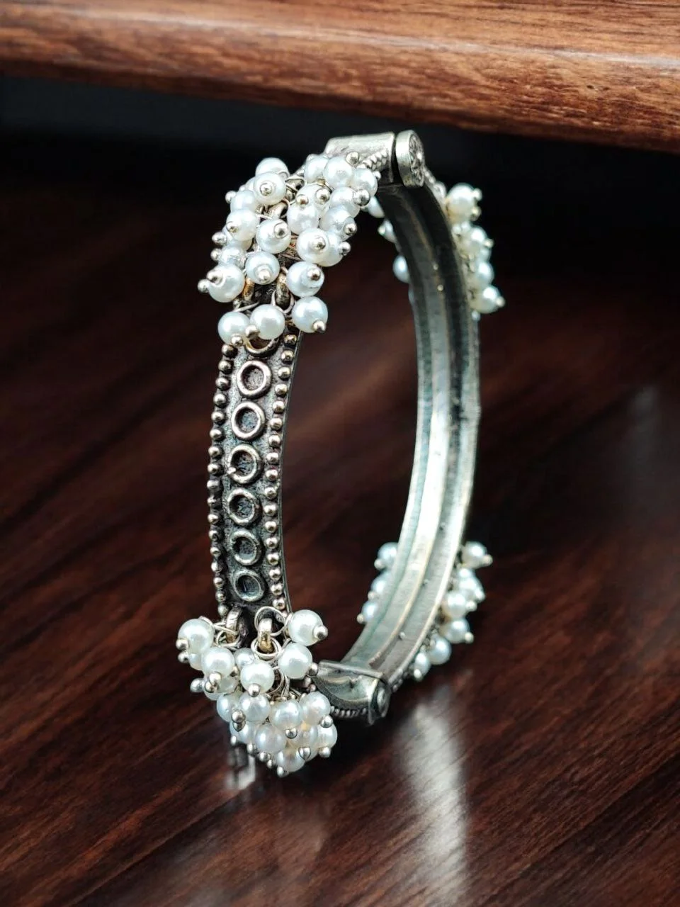 Oxidised Flat Pearl-Bead Bangle – view 5