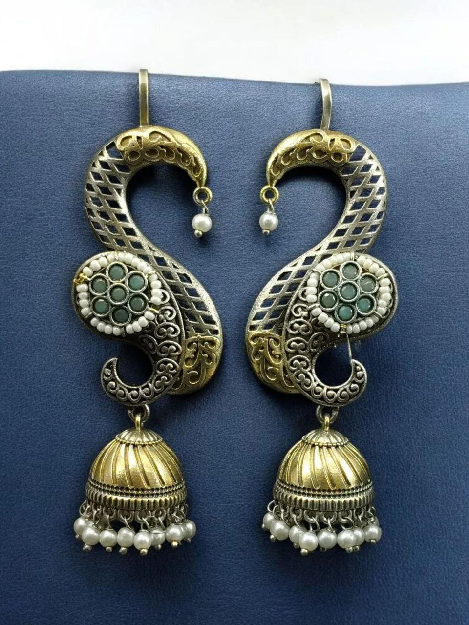 Two-Tone Swirl Ear Cuff Jhumki Earrings with Stone Medallion
