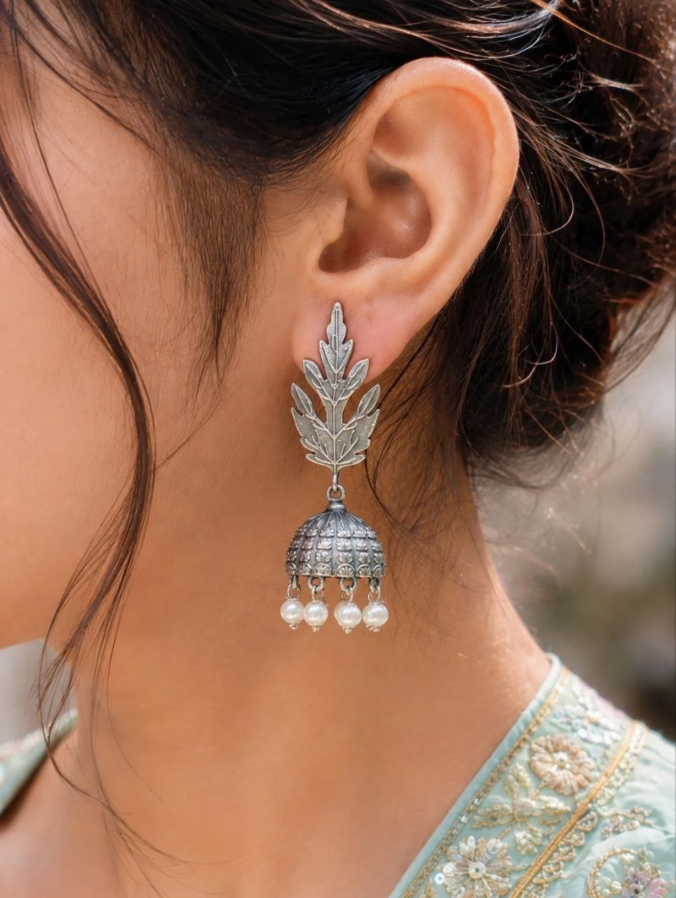 Oxidised Leaf Spray Jhumka Earrings with Pearl Drops