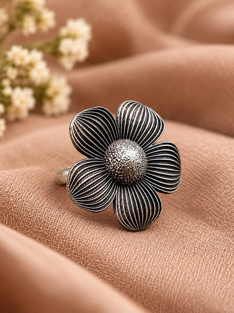 Oxidised Flower Ring with Domed Silver Centre – view 3