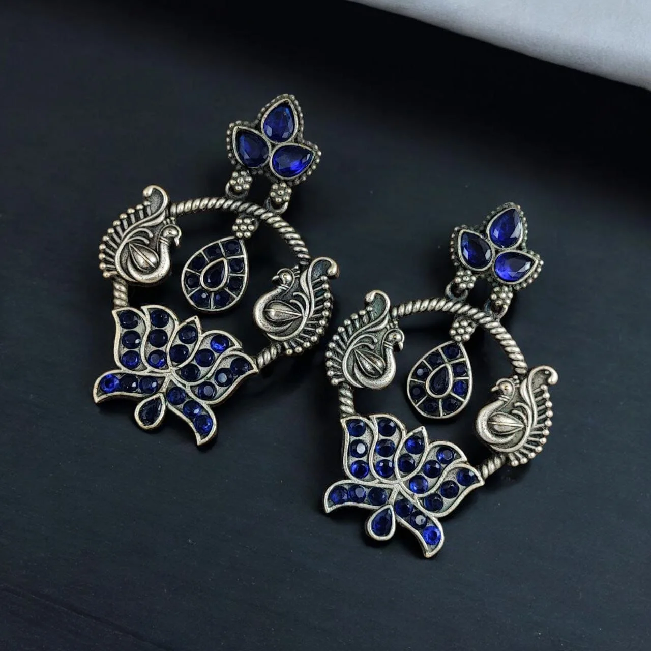 Oxidised Peacock Hoop Earrings with Lotus Stone Drop