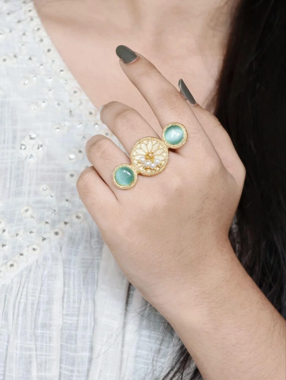 Gold Two Finger Ring with Pink Stones – view 3