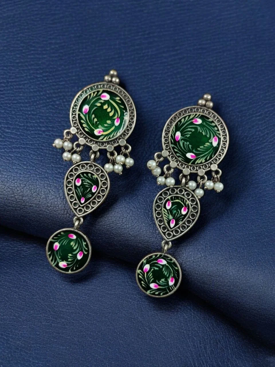 Hand-Painted Floral Disc Dangler Earrings with Pearl Drops