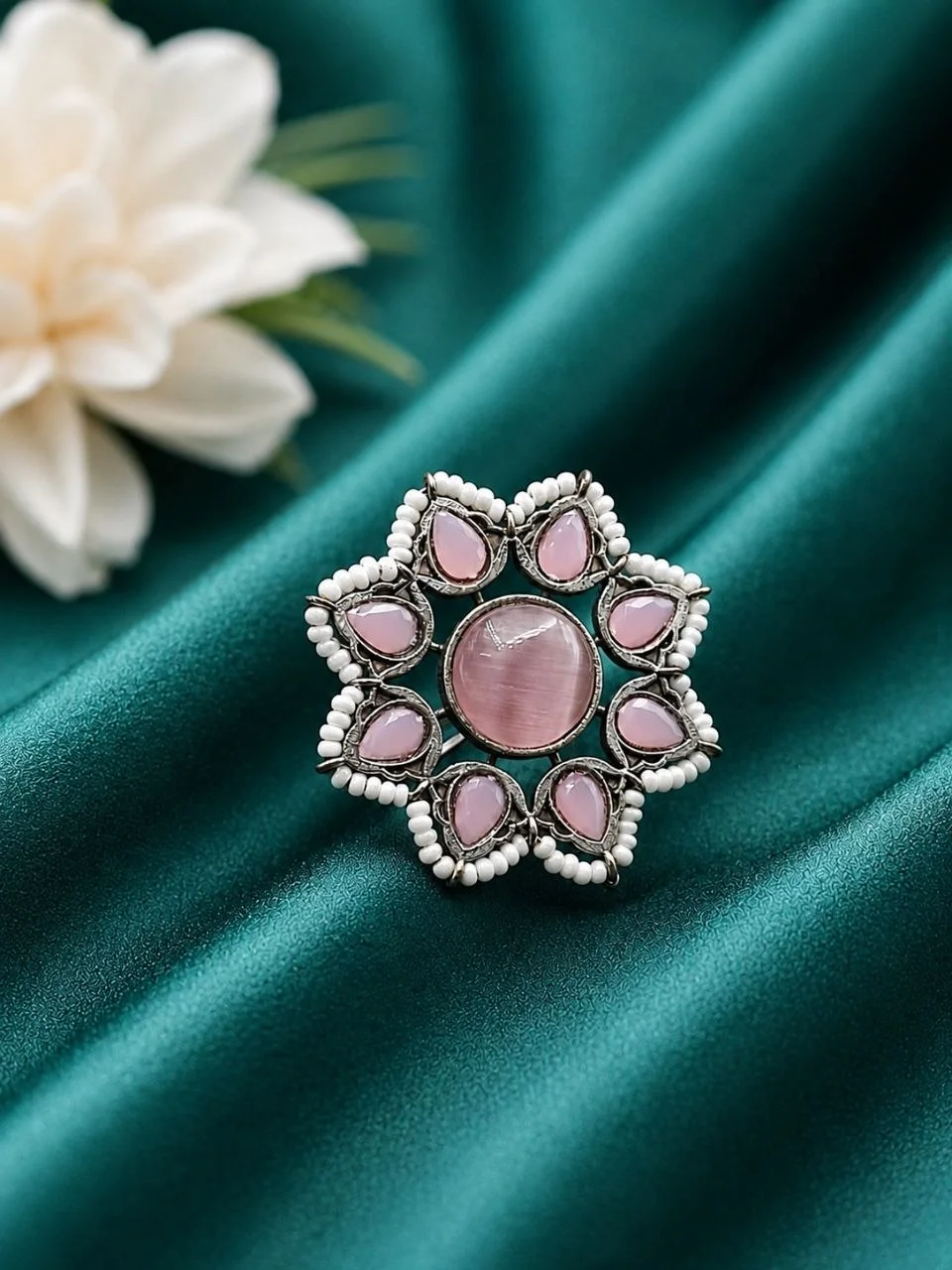 Oxidised Star Flower Ring with Turquoise and Pearls – view 5