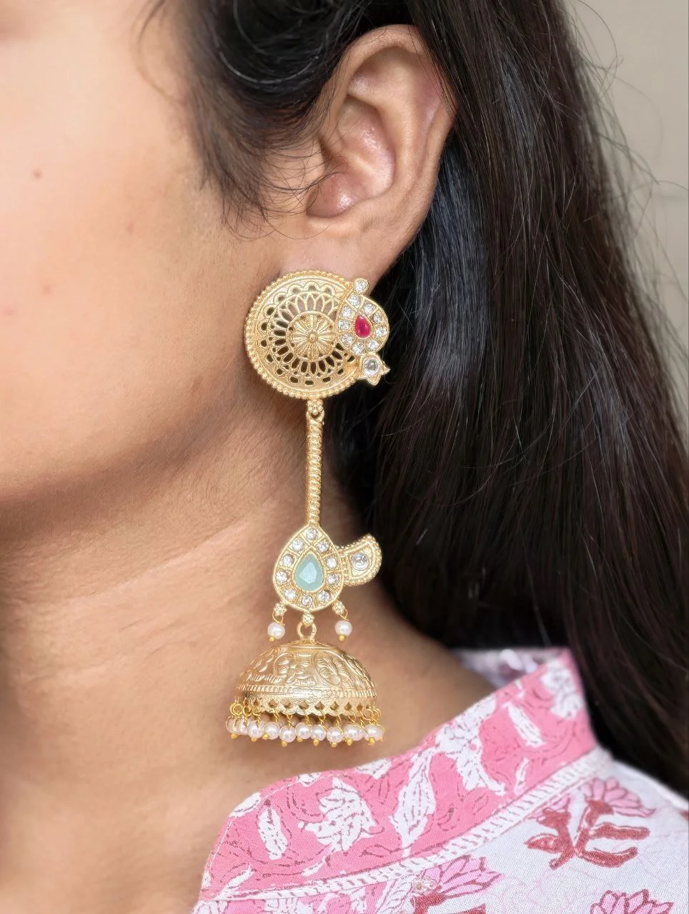 Antique Three Tier Jhumka with Red and Turquoise