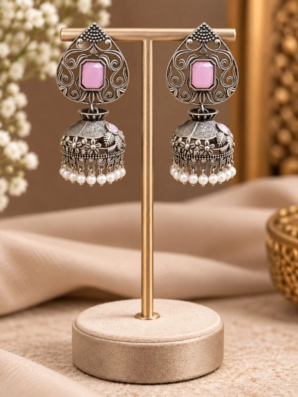 Oxidised Filigree Jhumka Earrings with Square Stone and Pearl Fringe