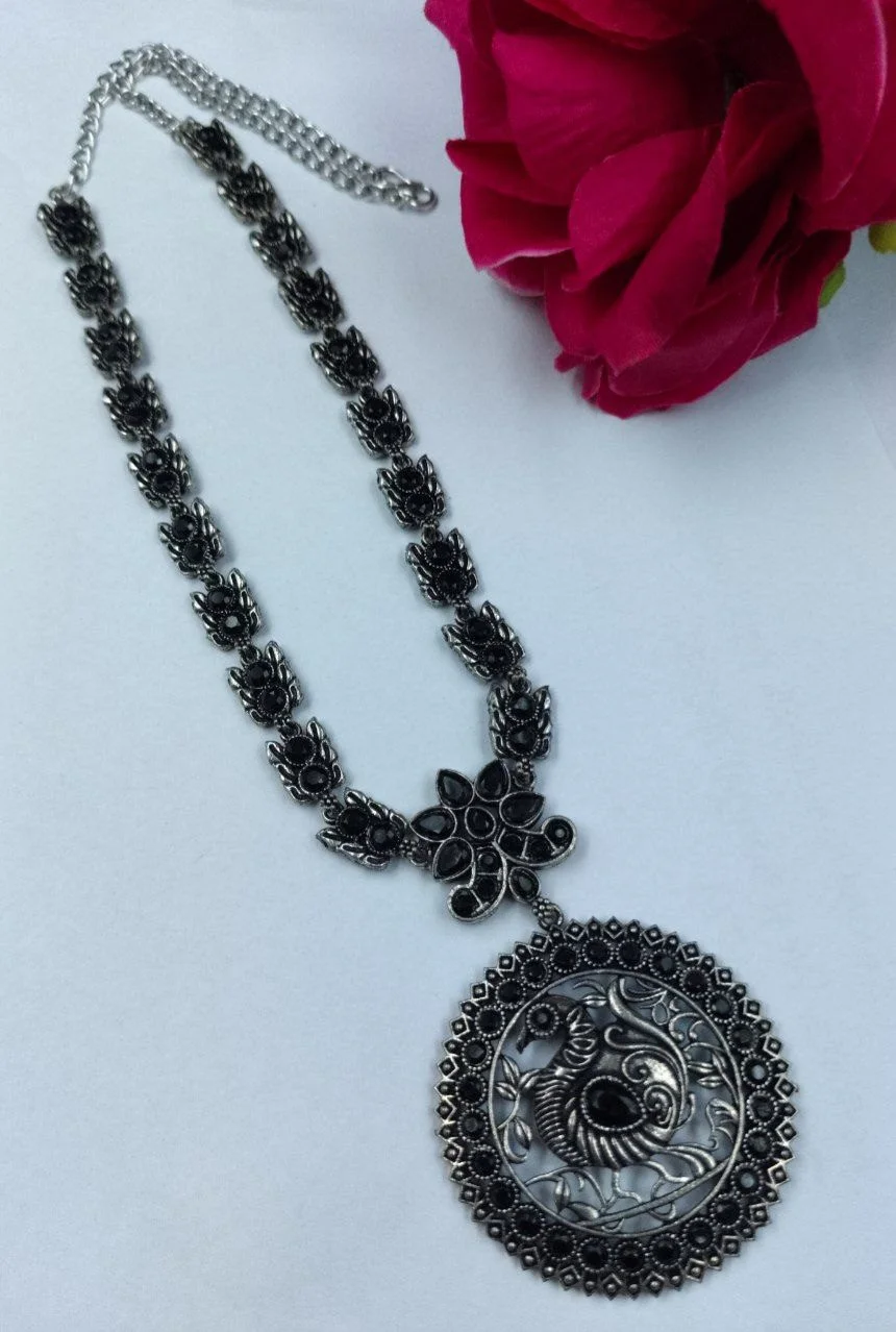 Oxidised Peacock Medallion Necklace with Stone Links