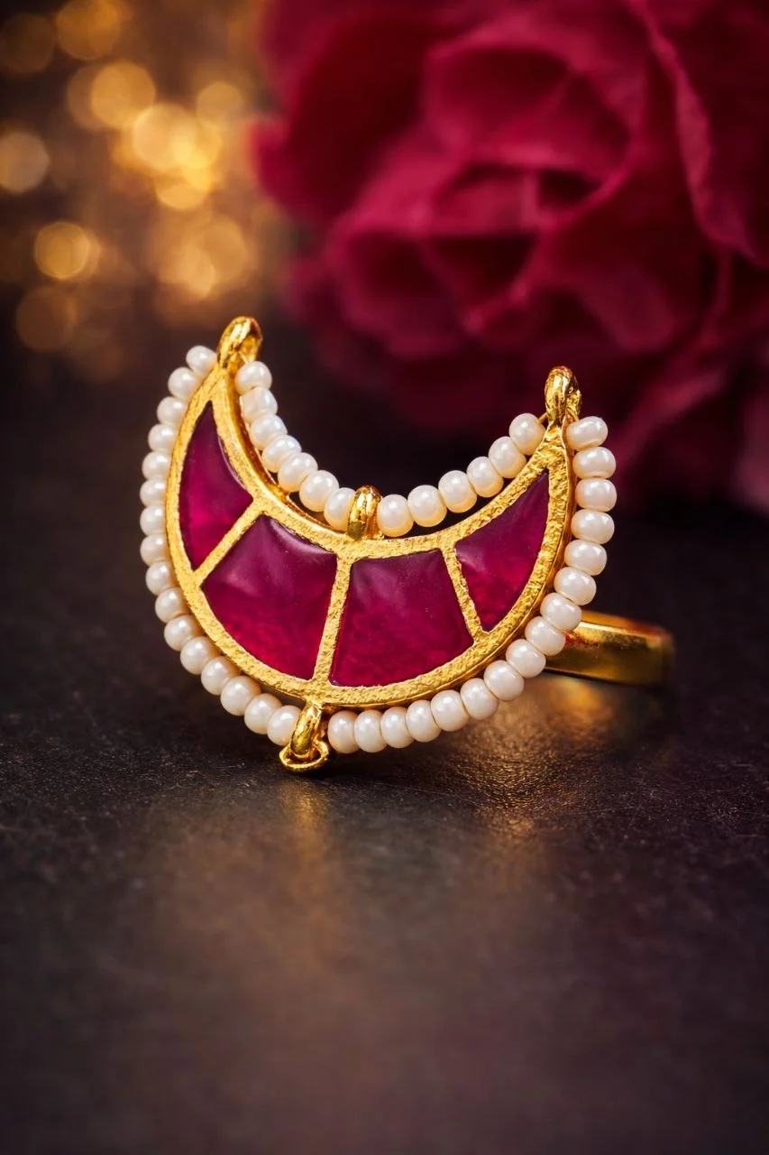 Gold Meenakari Moon Ring with Pearl Border – view 4