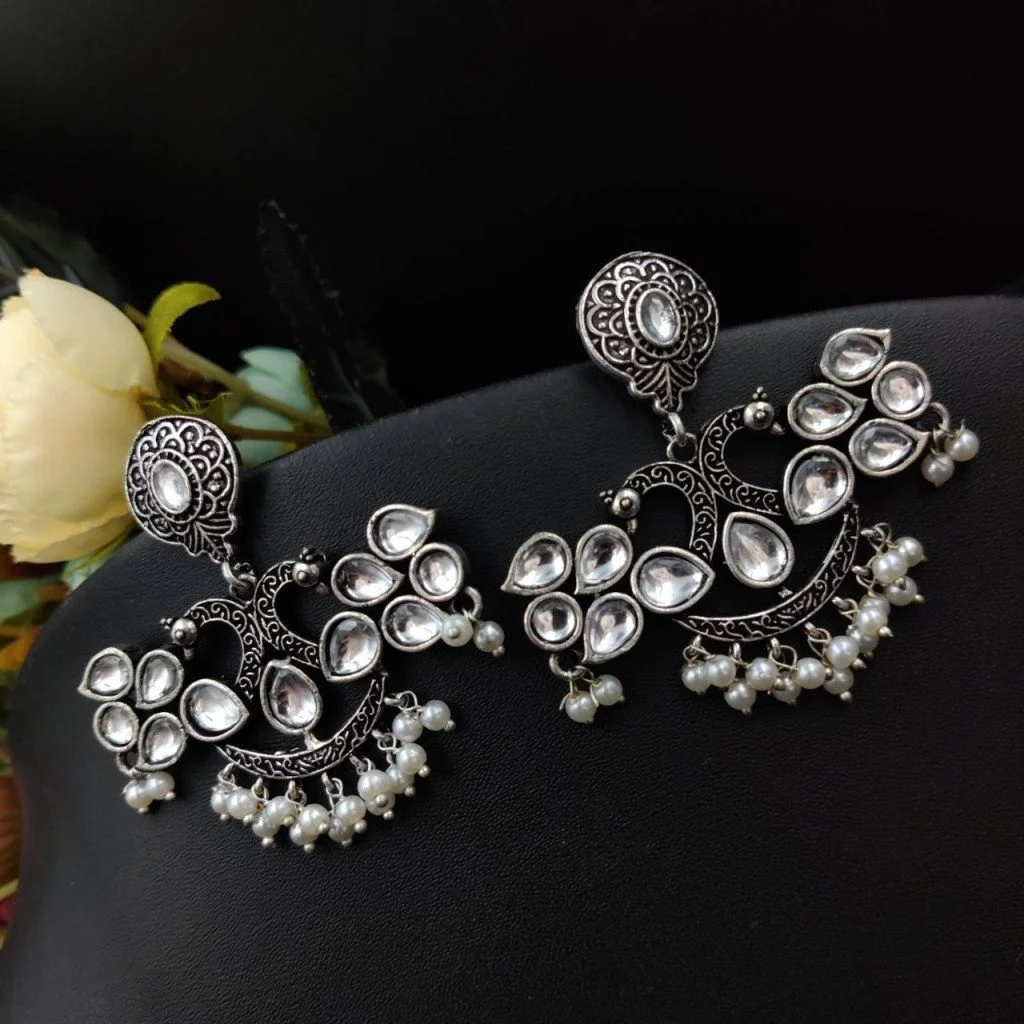 Oxidised Peacock Chandbali Dangler Earrings with Clear Stones and Pearls