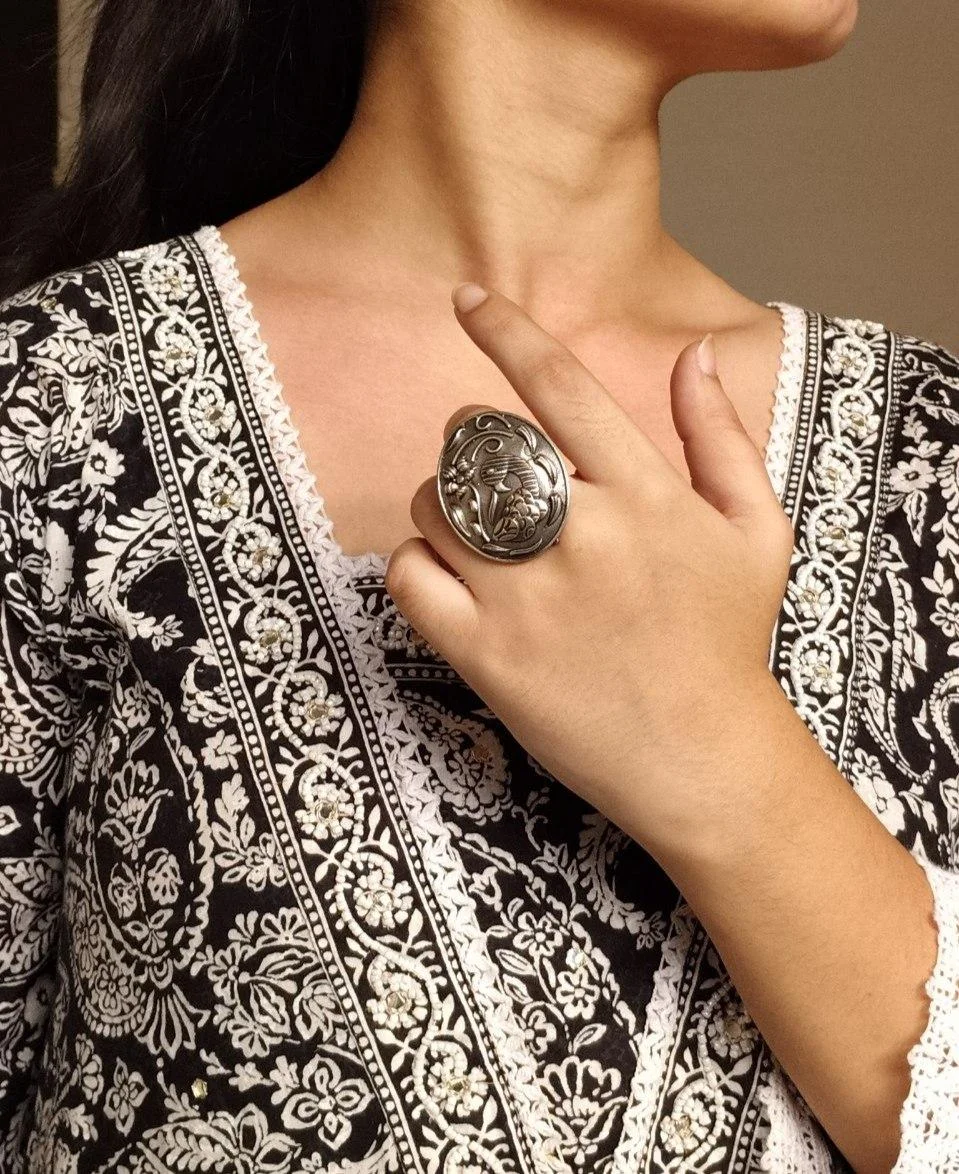 Oxidised Peacock Ring with Oval Face