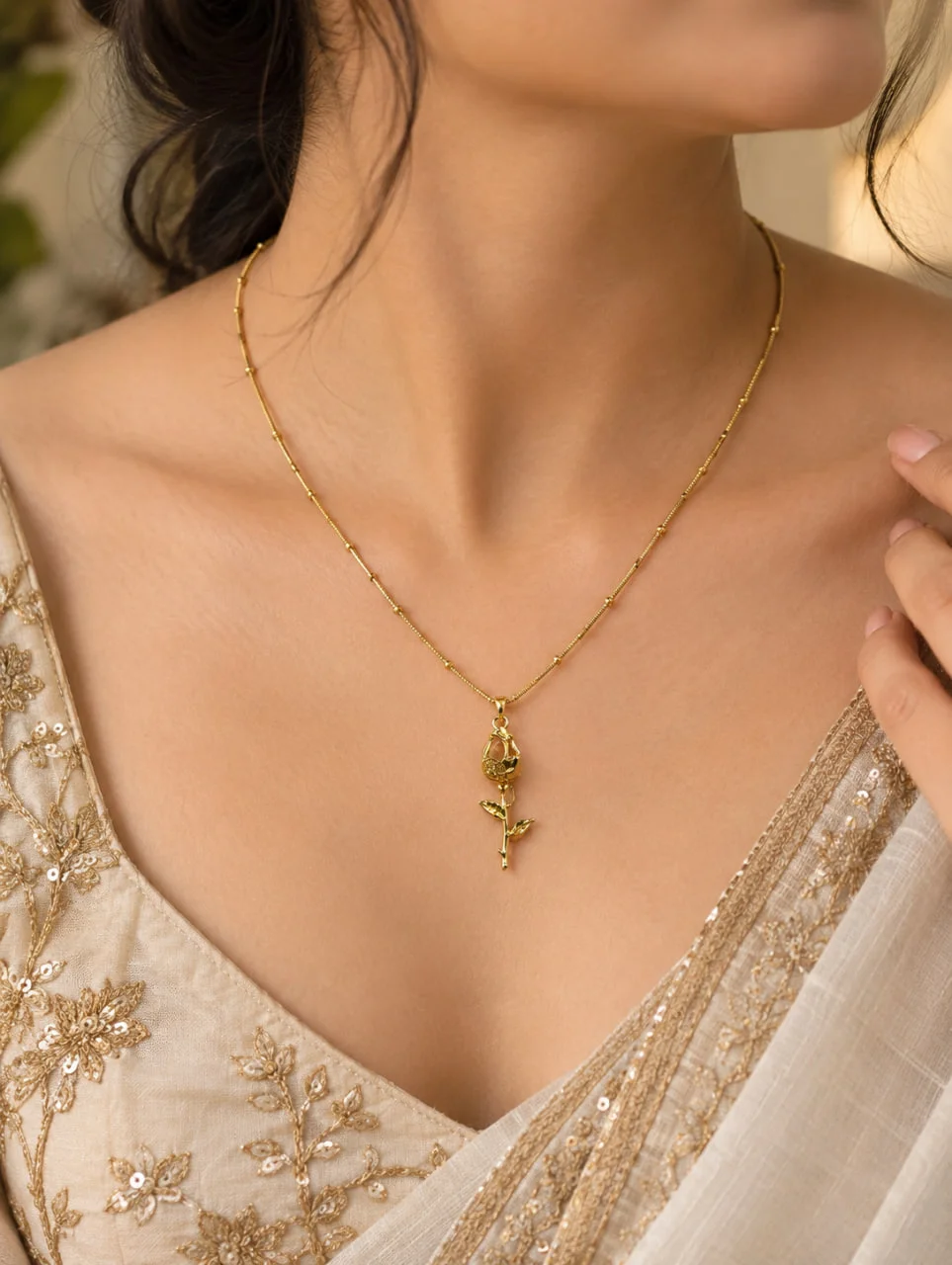 Anti Tarnish Rose Flower Pendant Necklace with Stem Detail