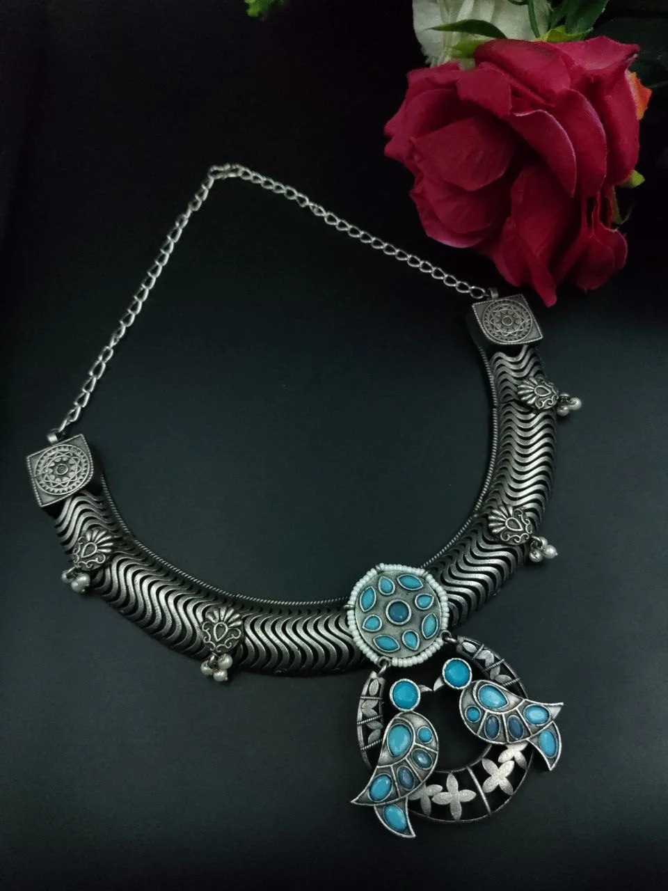 Oxidised Twin Bird Hasli Necklace with Stone Disc