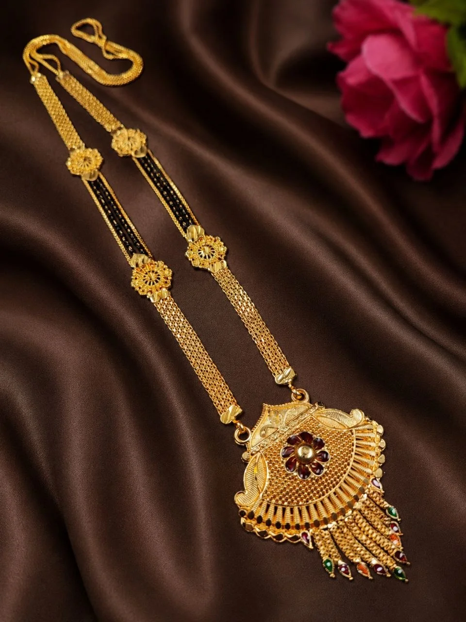 Long Mangalsutra with Hook Clasp and Swirl Pendant – view 2