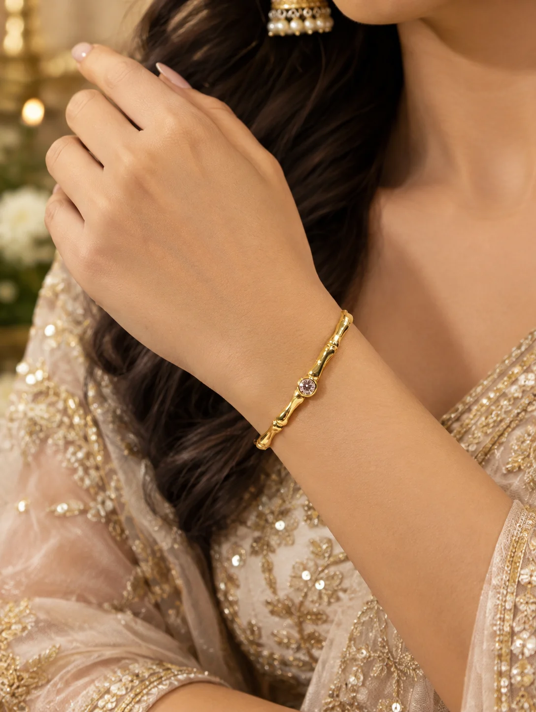 Anti Tarnish Bamboo Band Korean-style Bracelet with Centre Stone