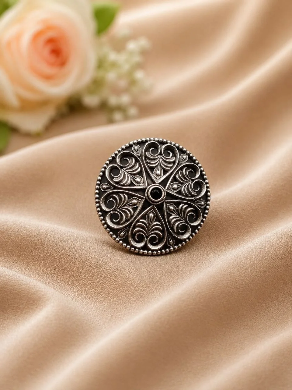 Oxidised Filigree Mandala Ring with Red Stone – view 3