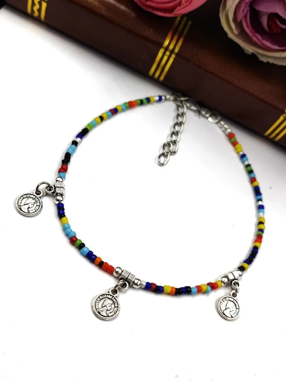 Multicolour Seed Bead Anklet with Oxidised Coin Charms – view 2