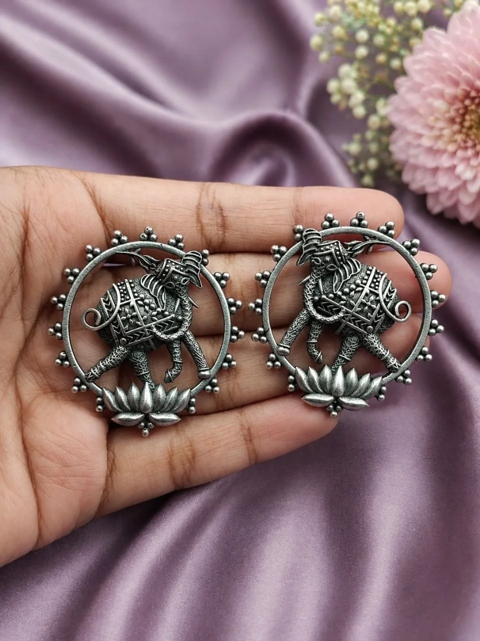 Oxidised Elephant Ring Stud Earrings with Lotus Detail – view 3