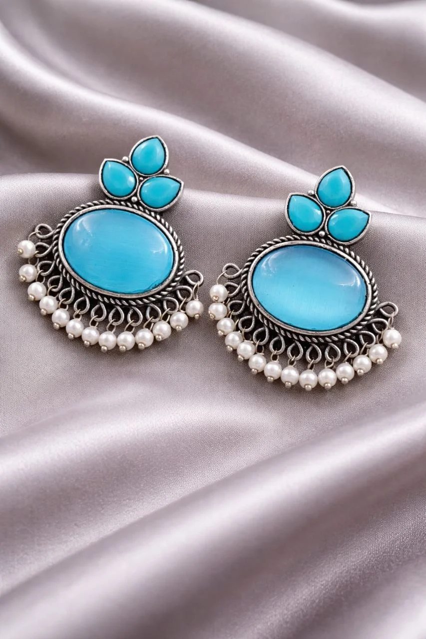 Oxidised Oval Stone Drop Studs with Trefoil Top and Pearl Fringe