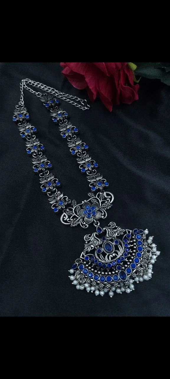 Oxidised Chandbali Pendant Long Necklace with Pearls