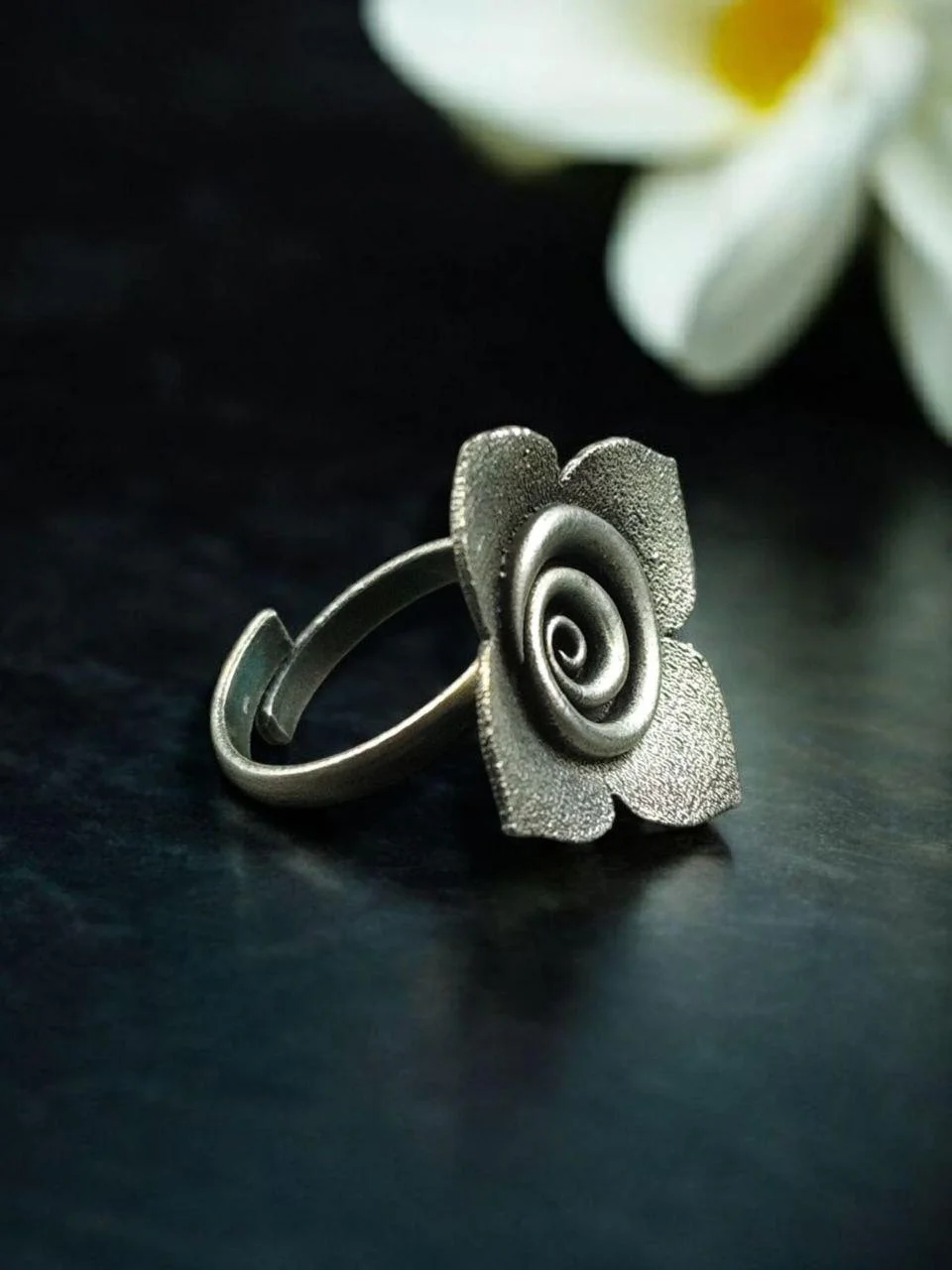 Oxidised Rose Ring on Leaf Base – view 5