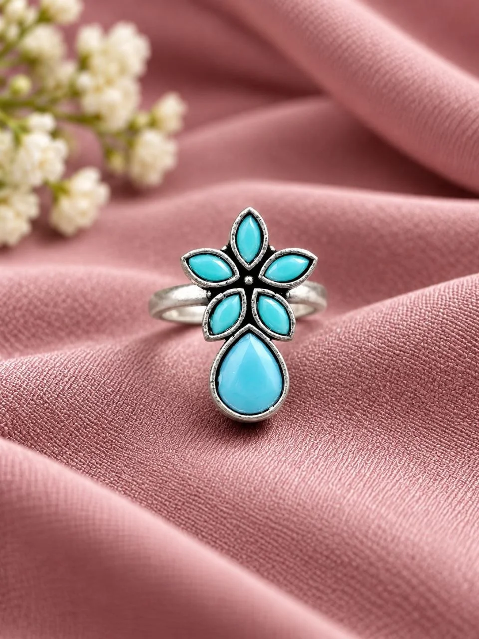 Oxidised Flower Ring with Black Stone Drop – view 4