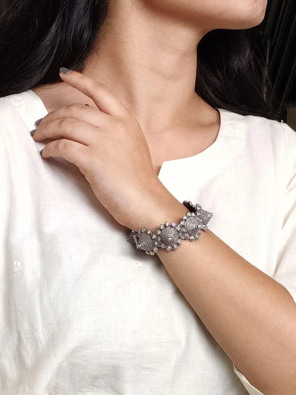 Oxidised Dot-and-Line Textured Bangle
