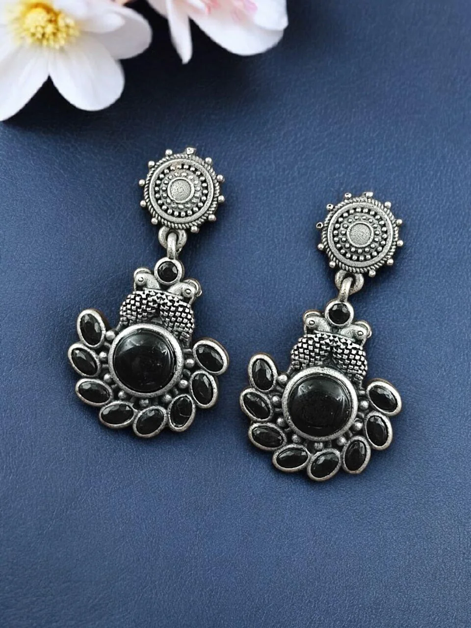 Oxidised Twin Bird Stone Flower Drop Earrings