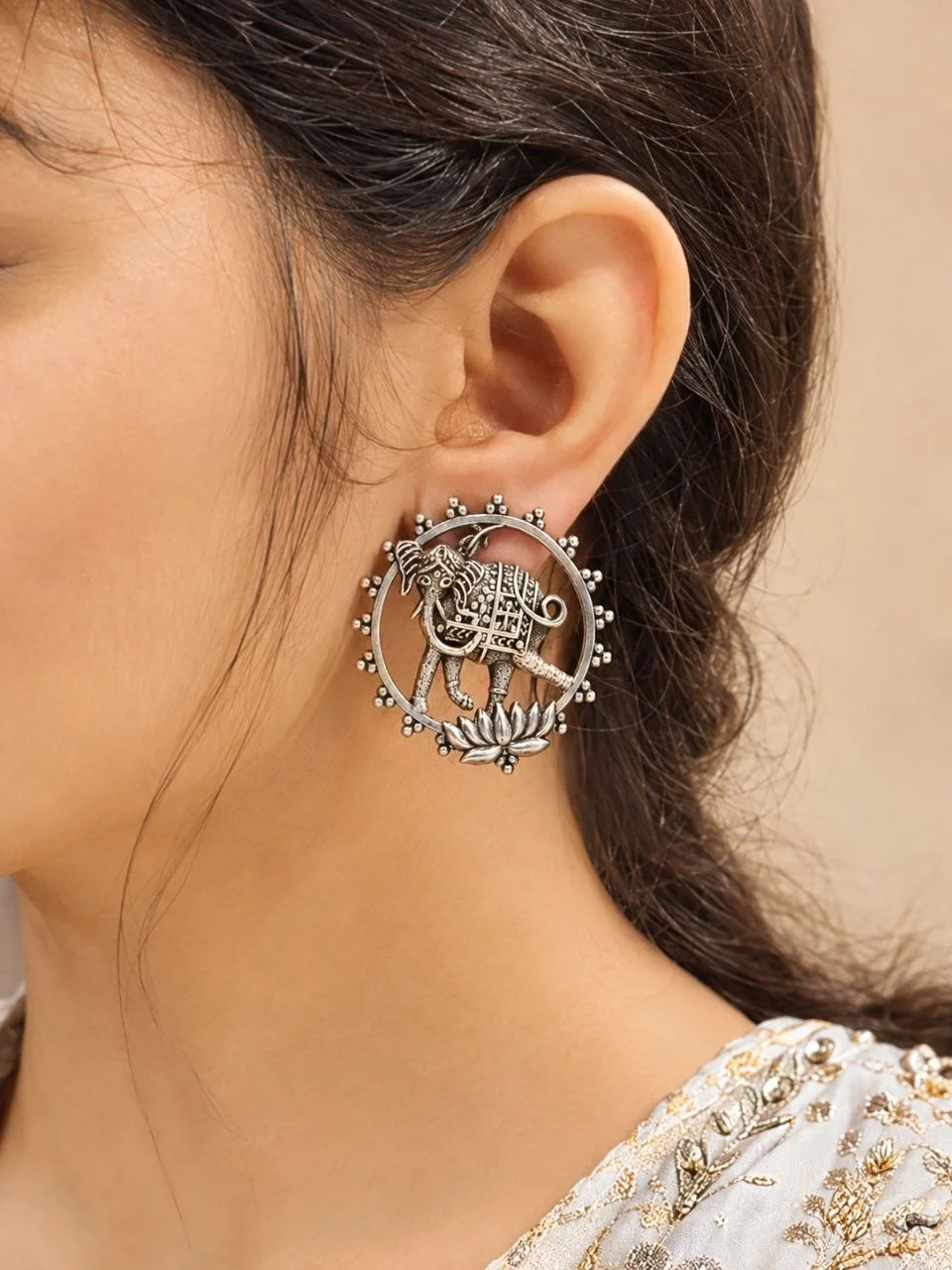 Oxidised Elephant Ring Stud Earrings with Lotus Detail