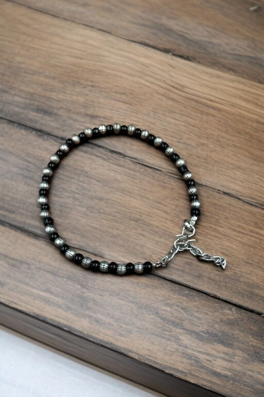 Black and Silver Bead Anklet with Lobster Clasp and Extension Chain