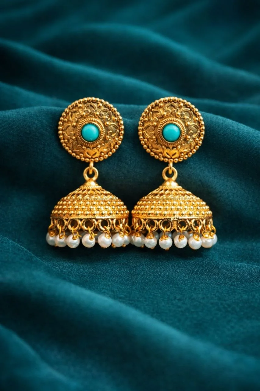 Blue Stone Stud Jhumka with Fluted Bell – view 5