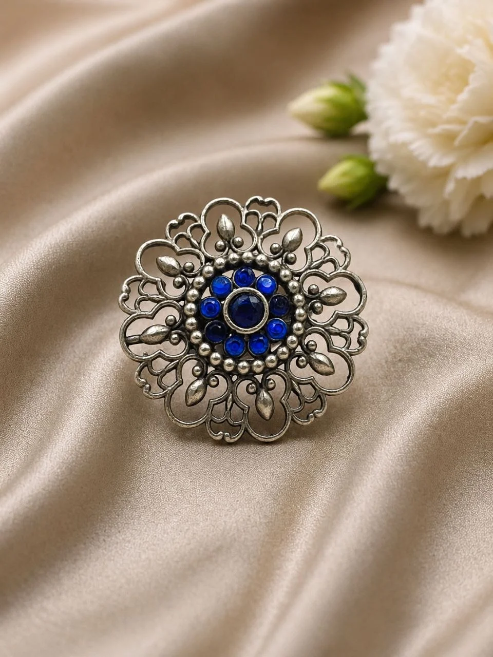 Oxidised Openwork Flower Ring with Cabochon – view 5