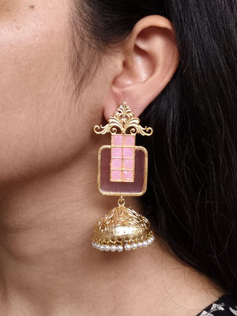 Ruby Panel Jhumka with Temple Crown – view 2