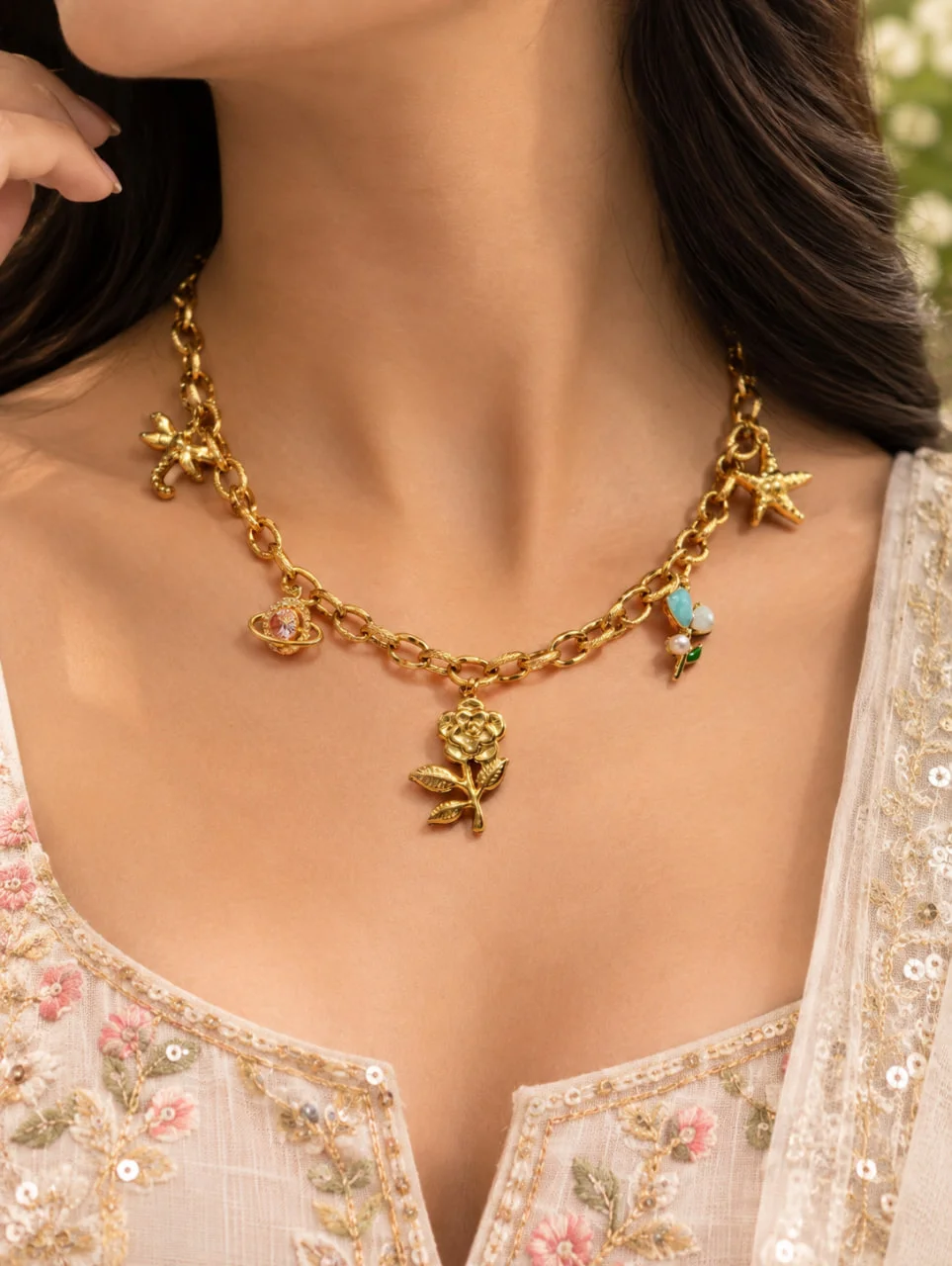 Anti-Tarnish Gold Rose & Starfish Charm Necklace with Planet Charms