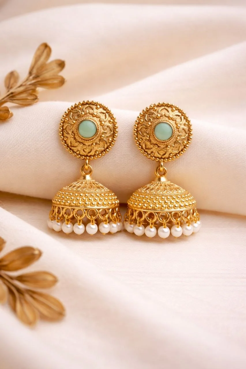 Blue Stone Stud Jhumka with Fluted Bell – view 2