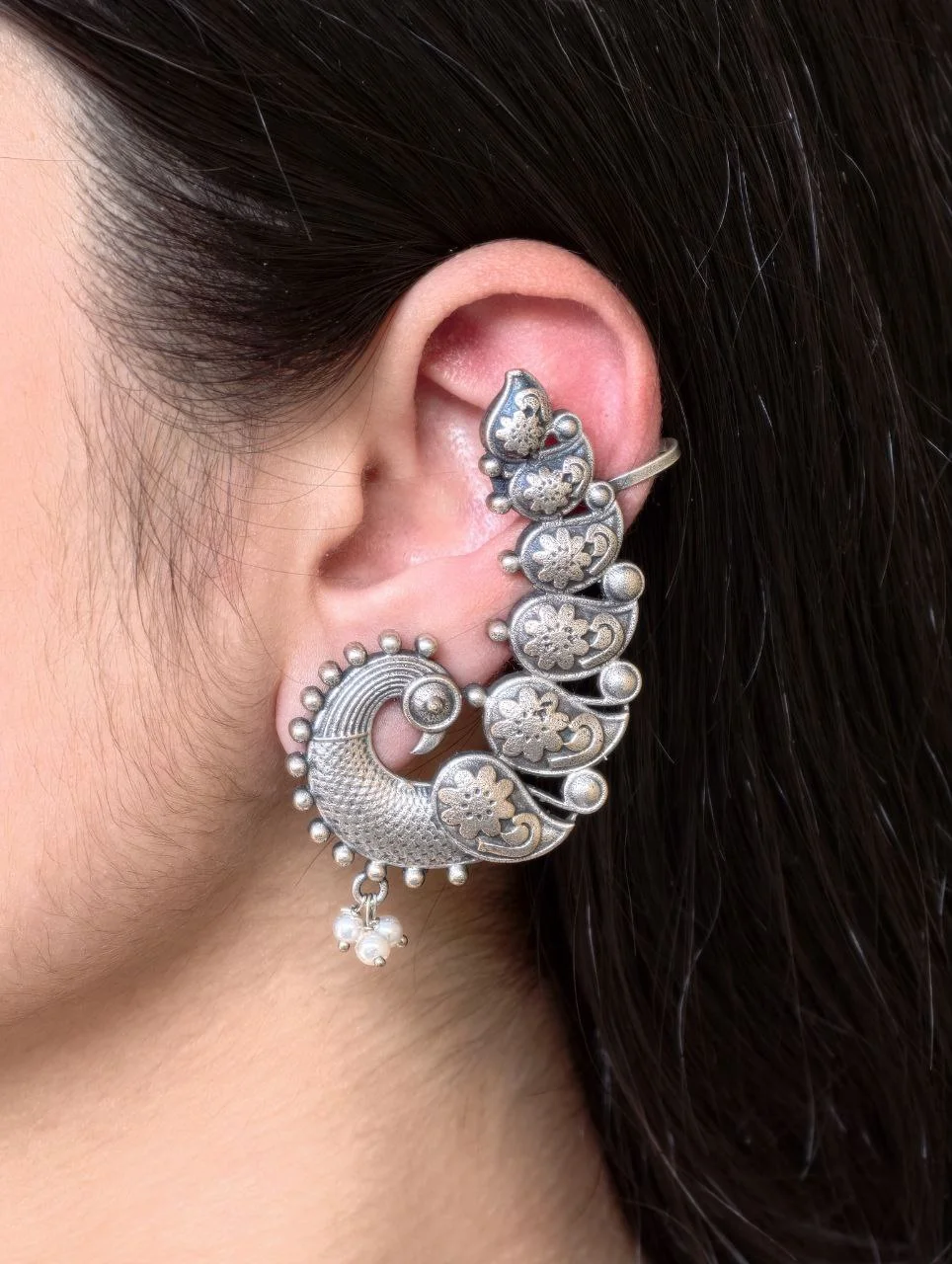 Oxidised Peacock Ear Cuff Earrings with Pearl Accents – view 4