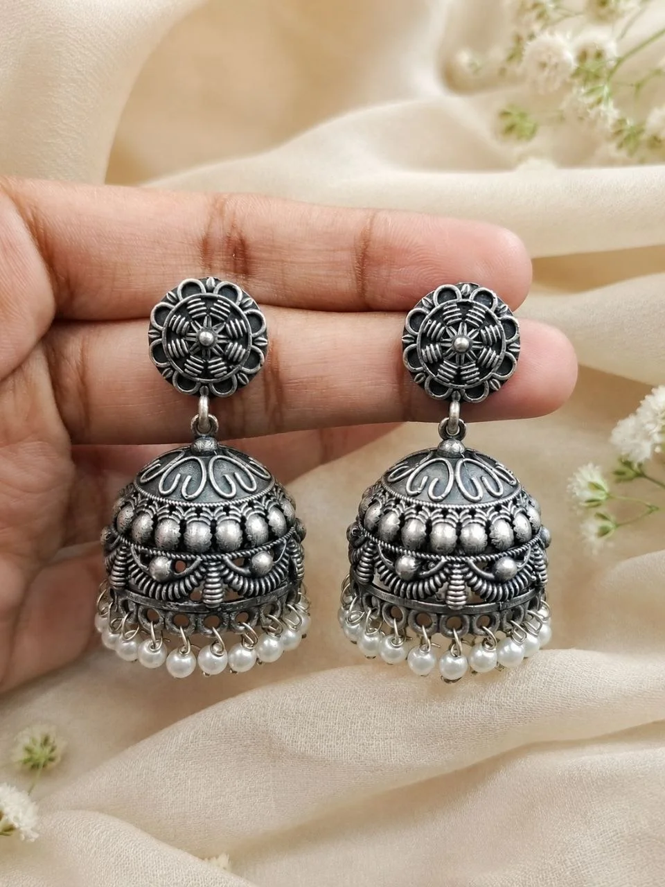 Oxidised Flower Stud Jhumka Earrings with Engraved Bell and Pearl Fringe – view 3
