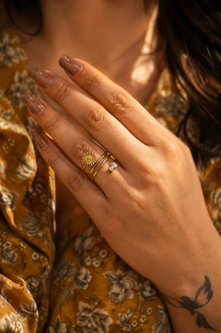 Anti-Tarnish Twin Band Sunburst Bloom Solitaire Ring