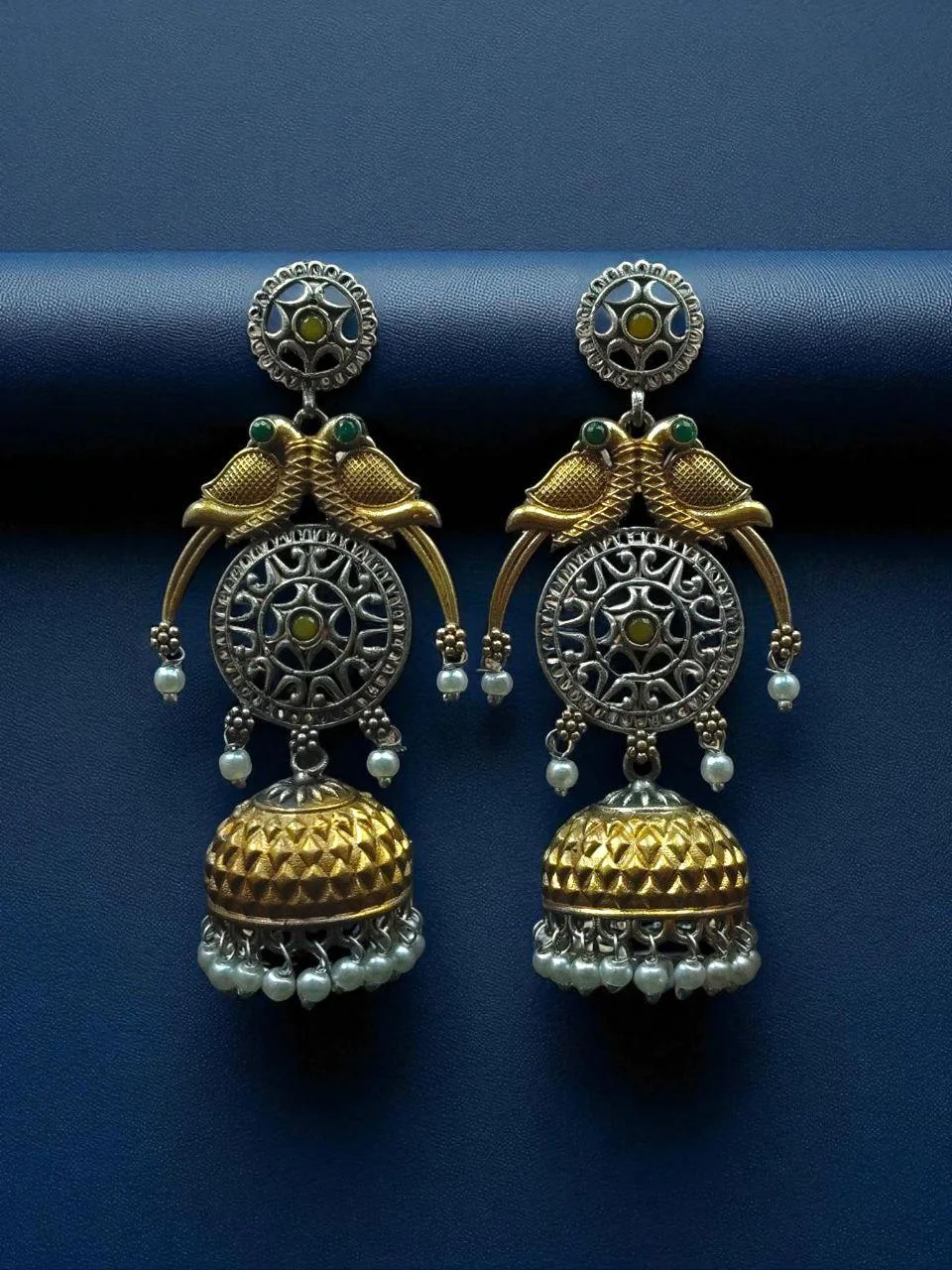 Two-Tone Parrot Dangler Jhumka Earrings with Mandala Disc