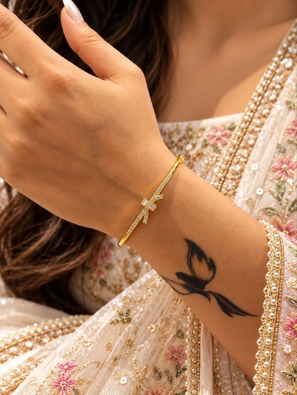 Anti Tarnish Bow Bangle with Stone Detail