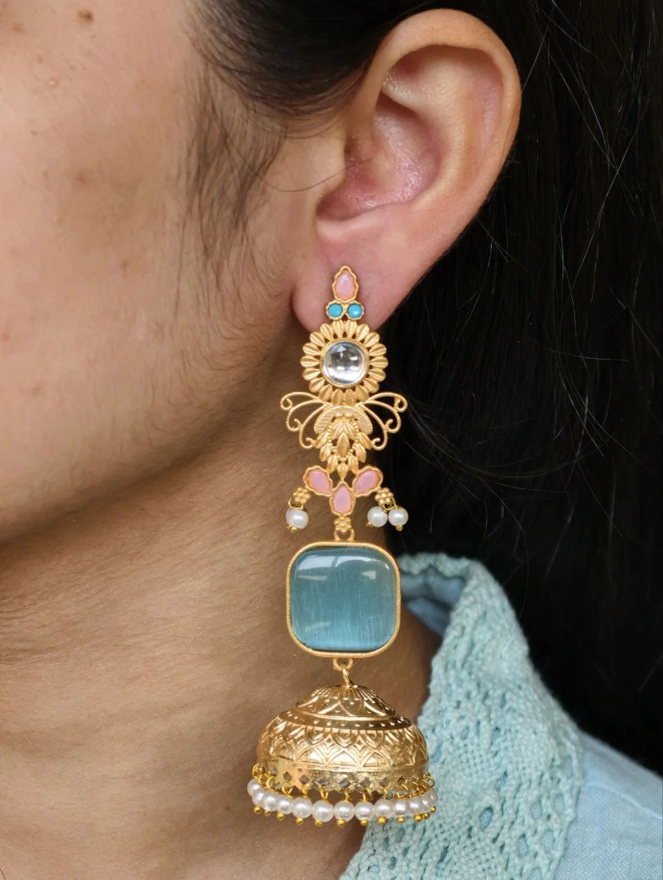 Long Red Stone Jhumka with Floral Crown – view 4