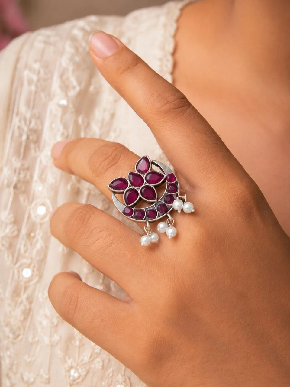 Oxidised Ring with Red Stones and Pearls