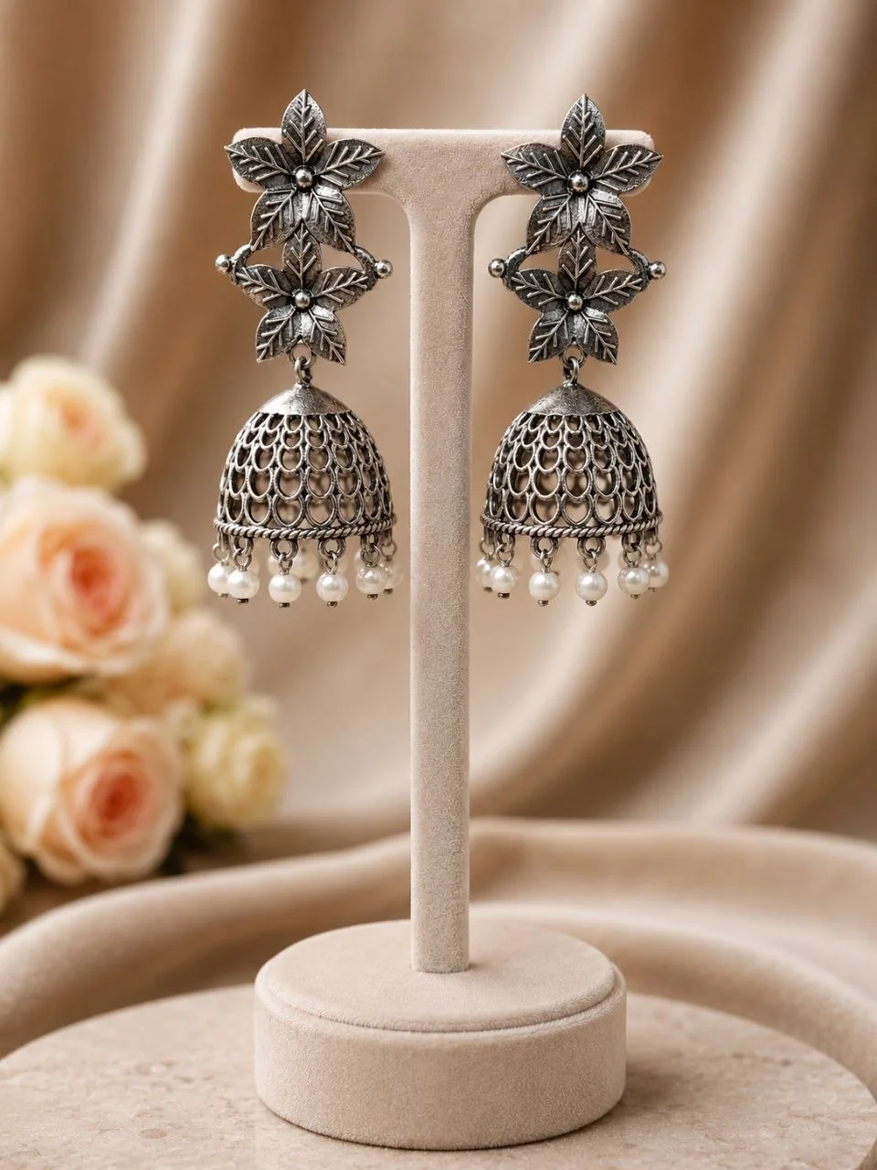 Oxidised Lily Top Jhumka Earrings with Lattice Bell and Pearls – view 2