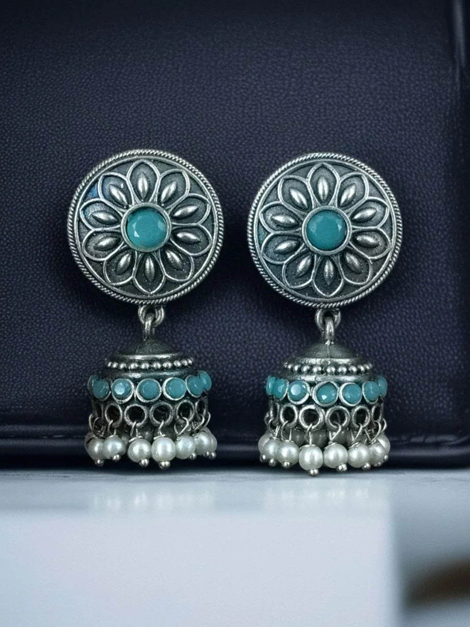 Oxidised Floral Disc Stud Jhumki Earrings with Stone Band