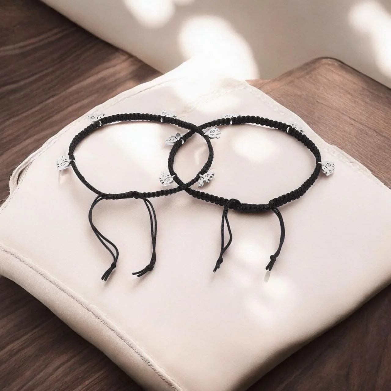 Elephant Charm Black Thread Anklets in Silver Replica, Pair – view 2