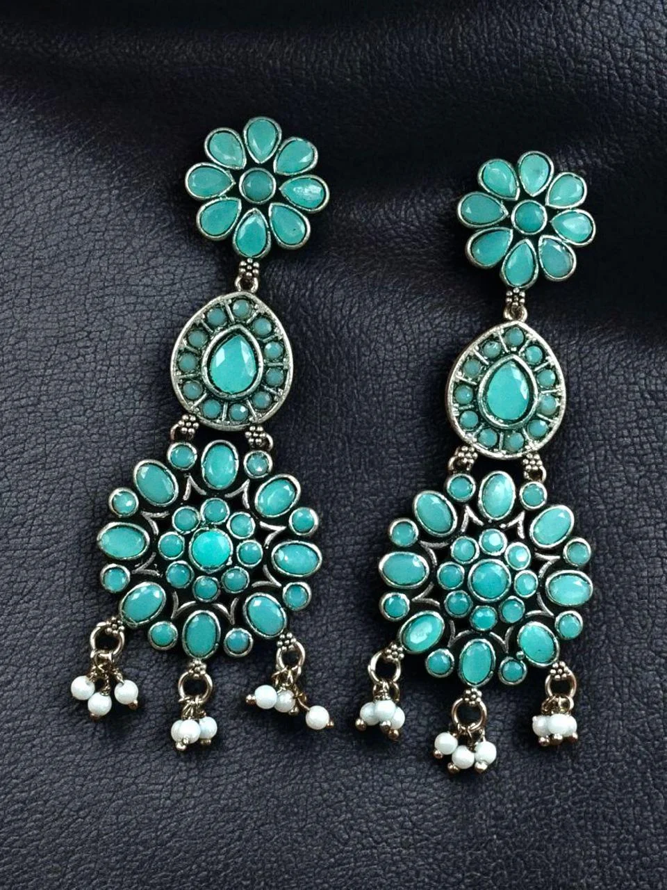 Oxidised Long Stone Flower Earrings with Teardrop Medallion