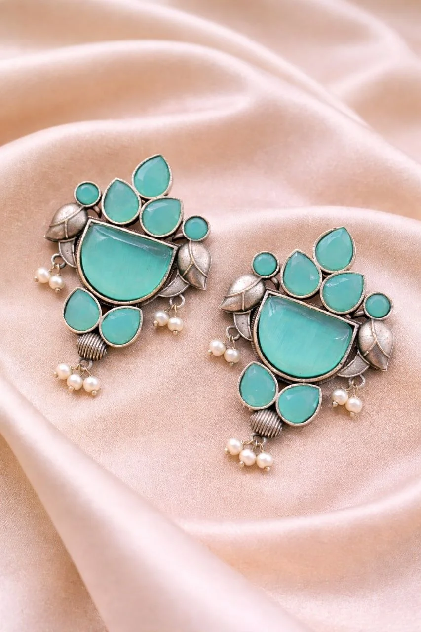 Oxidised Peacock Fan Earrings with Half-Moon Stone and Petal Stones