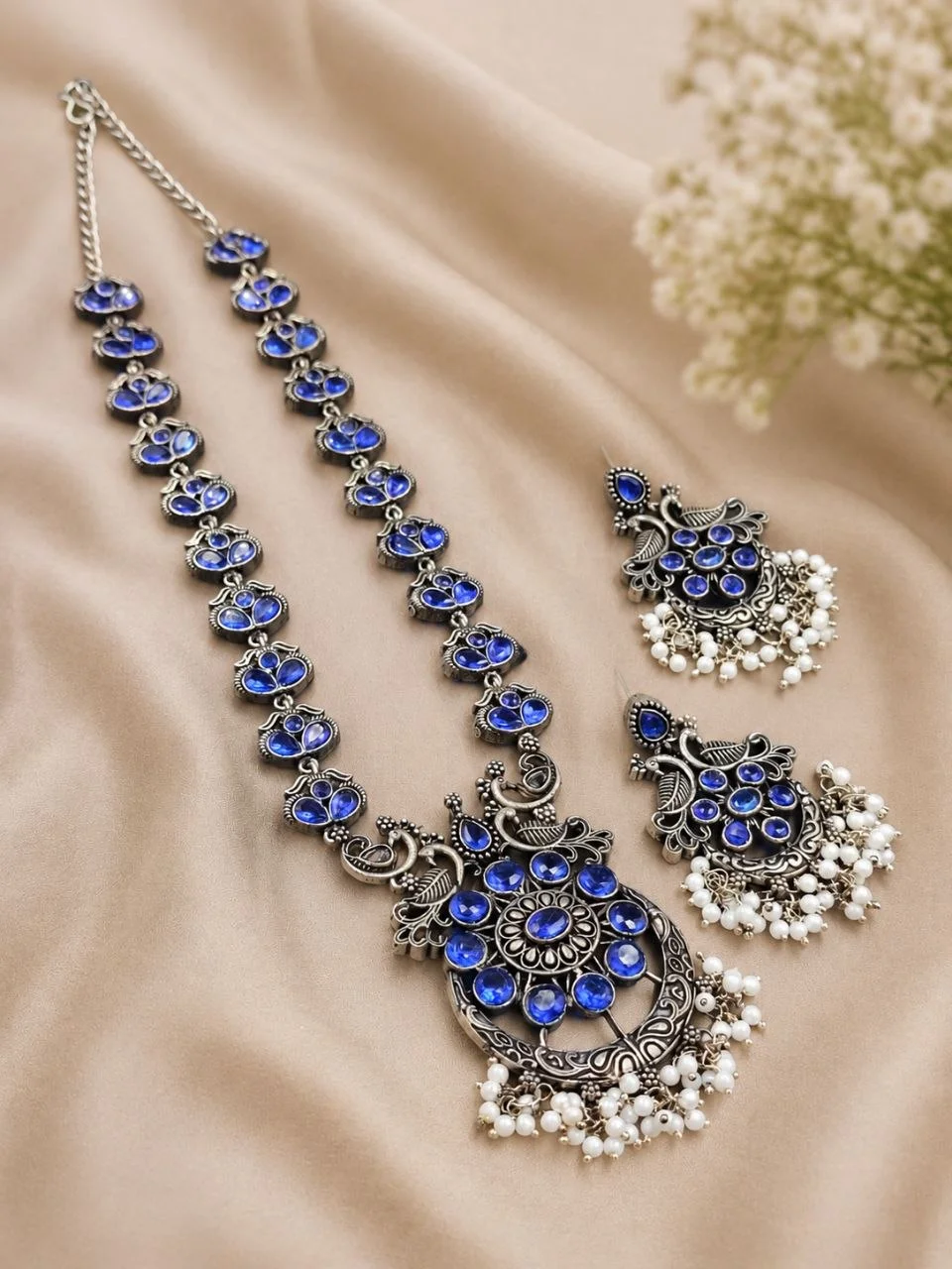 Oxidised Peacock Long Necklace Set with Earrings – view 2