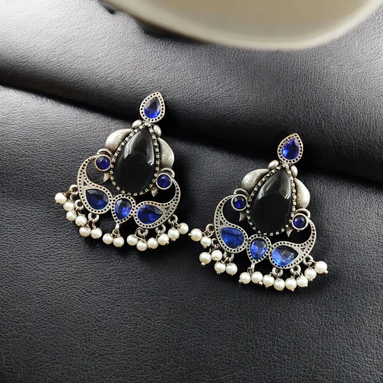Oxidised Teardrop Stone Earrings with Accent Stones and Pearl Fringe