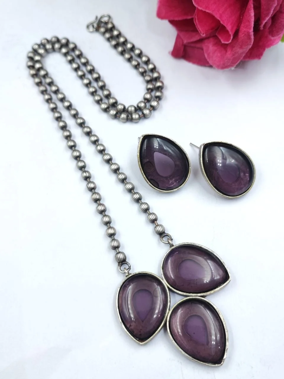 Oxidised Teardrop Stone Necklace Set with Studs